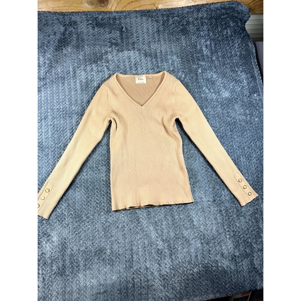 Elie Tahari Sweater Womens Medium Beige Ribbed Chunky Knit Long Sleeve V Neck
